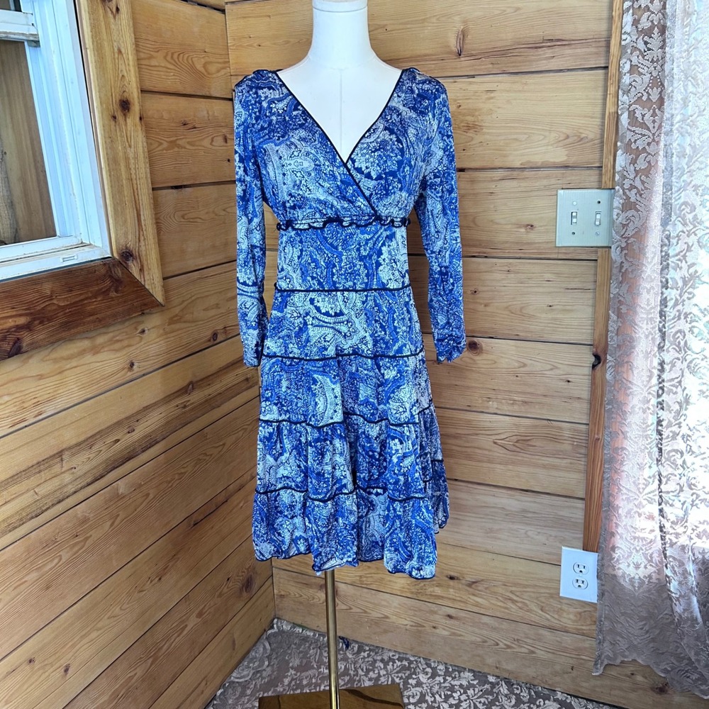 Empire Waist Dress Women Medium Blue Paisley Mesh Tiered Ruffle Style & Co.